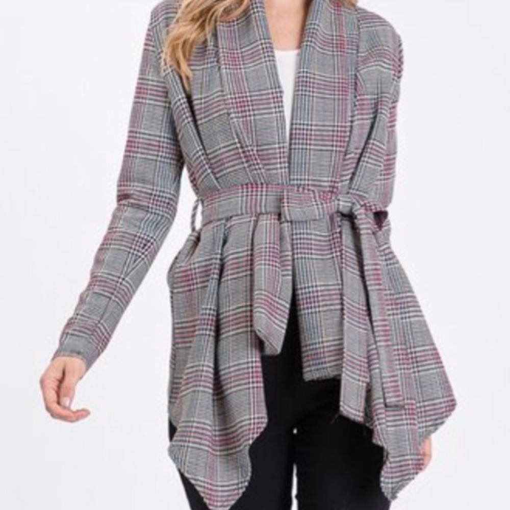 Light material plaid belted side tail cardigan